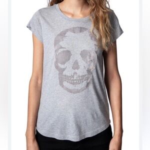 Zadig & Voltaire Gray Grey Skull Print T-Shirt Graphic Tee T Shirt Top Velvet M